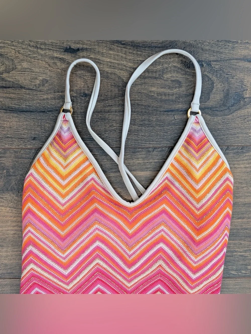 PQ Swim Women’s Margot One Piece Chevron Pink Orange Metallic Knit NWT Size Med
